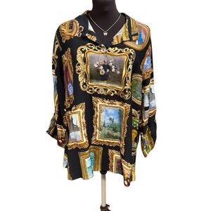 John Mark Womens 0X Top L/XL Boho Tunic Button Front Blouse Art Print NWT